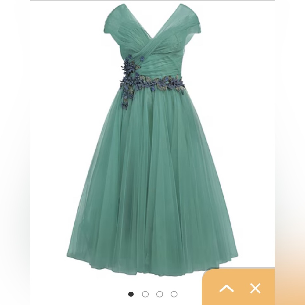 Fairytale Tarik Ediz English Green Midi Dress with Blue Floral Accents 6 NWT
